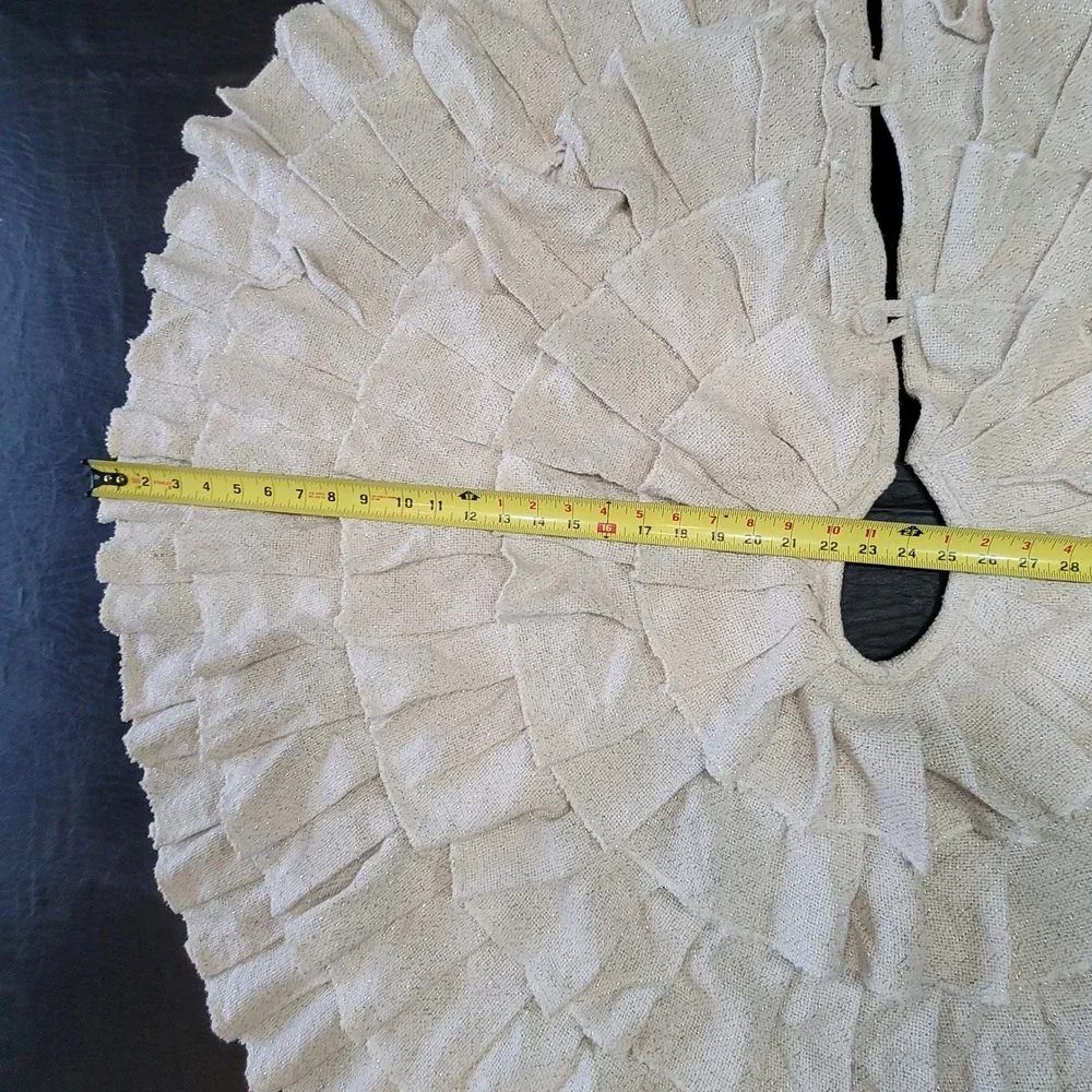 VHC‎ Christmas Tree Skirt Cream Silver Ruffled Burlap Metallic Tiered